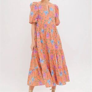 Vibrant Floral Midi Dress with Puff Sleeves